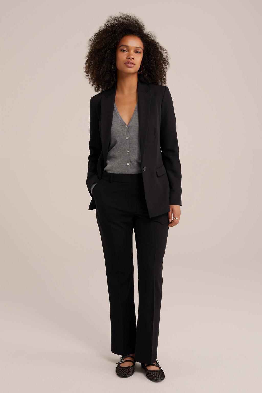 Zwarte dames WE Fashion bootcut regular waist pantalon van polyester met rits, haak- en knoopsluiting en effen