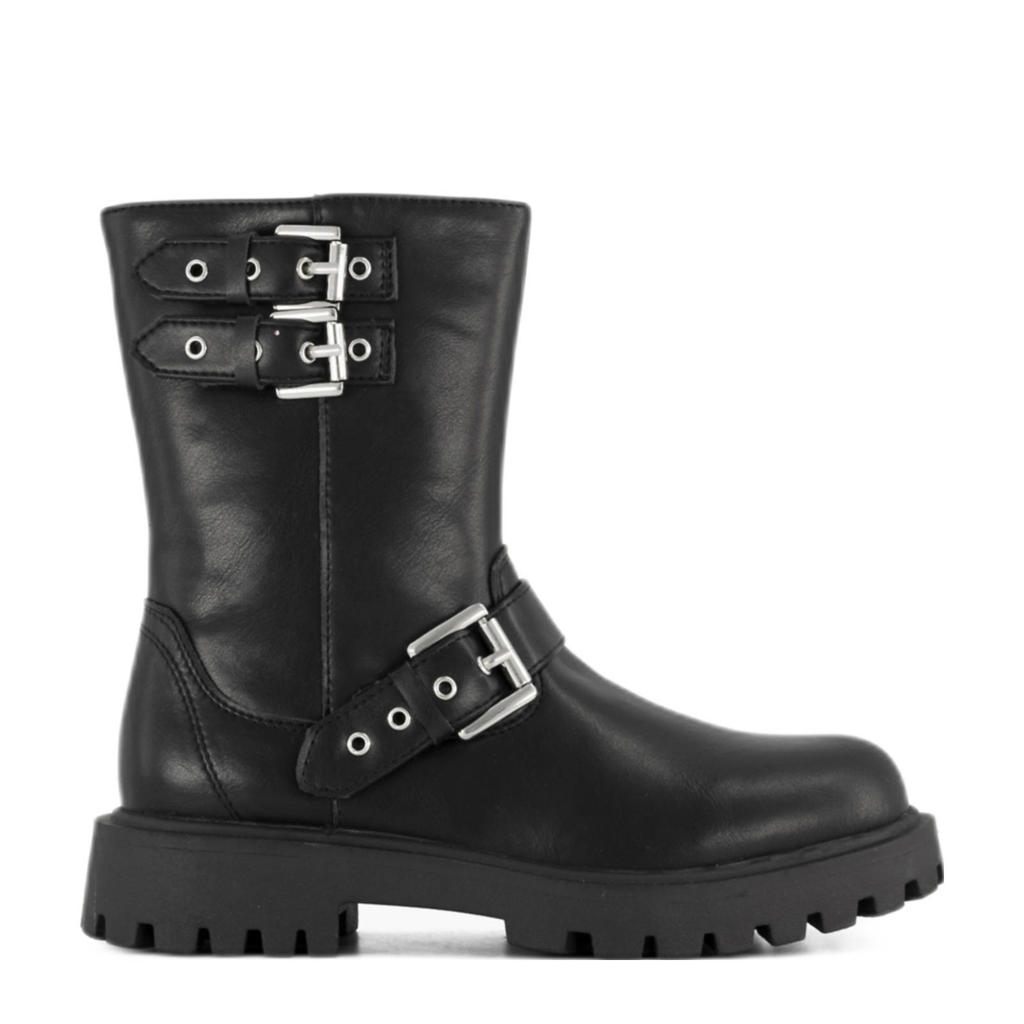 Zwarte meisjes Graceland bikerboots van imitatieleer met profielzool, ritssluiting en effen