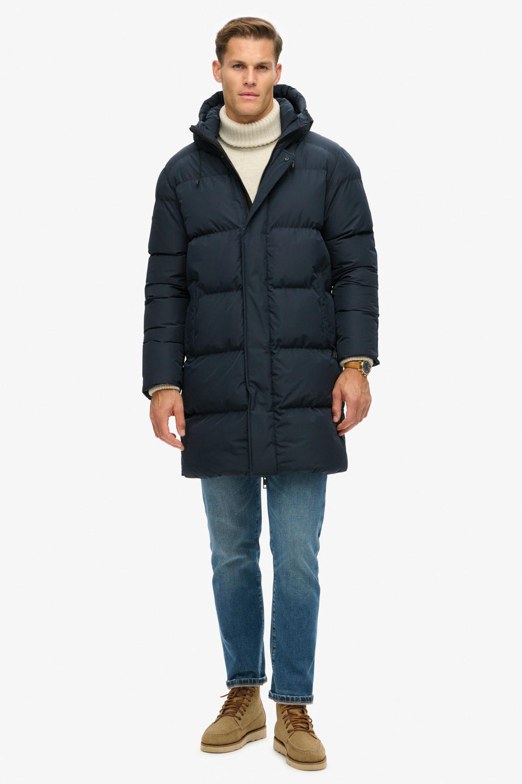 Donkerblauwe heren Superdry gewatteerde winterjas van polyester met effen, lange mouwen, capuchon, rits- en drukknoopsluiting en doorgestikte details