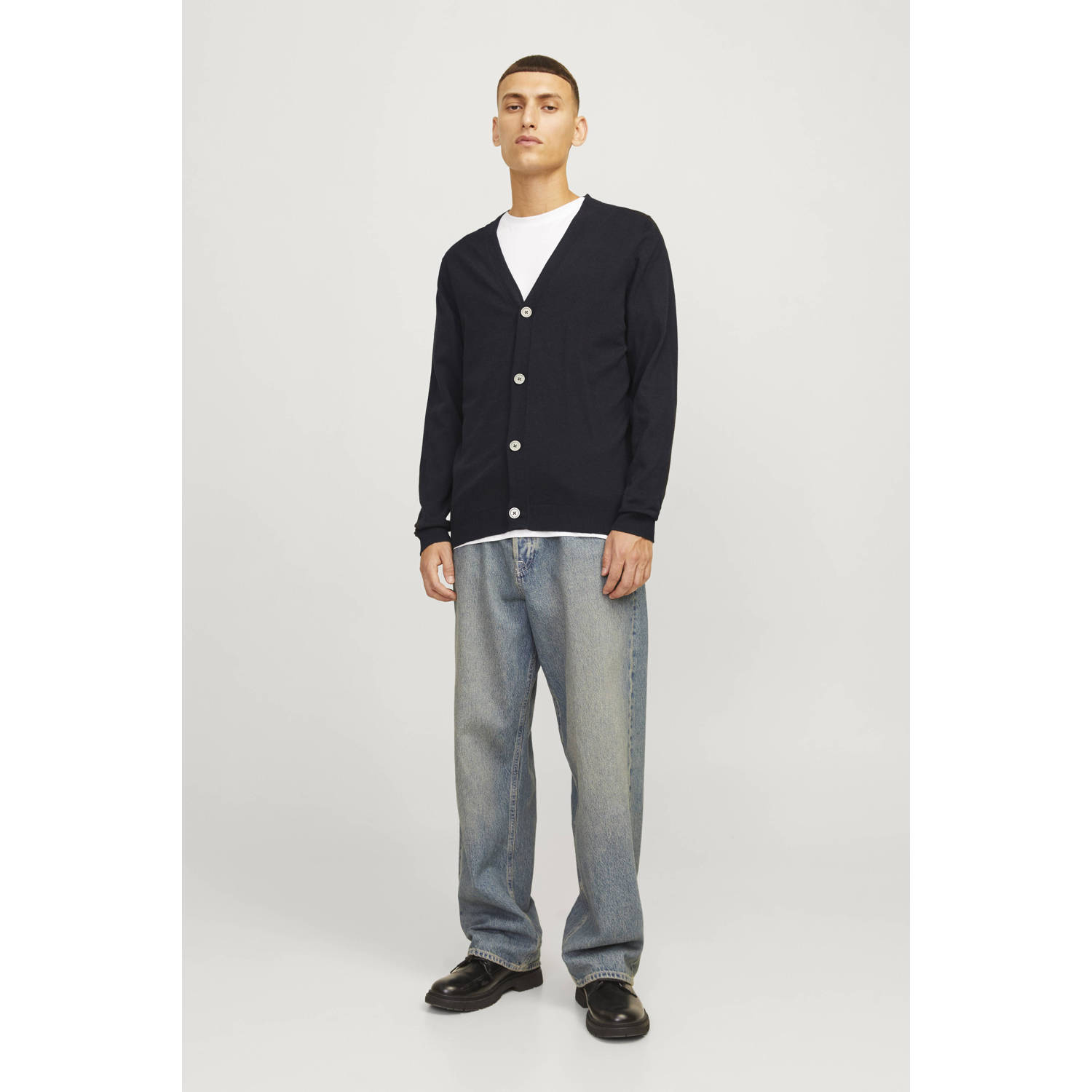 JACK & JONES ESSENTIALS fijngebreid vest JJEEMIL zwart