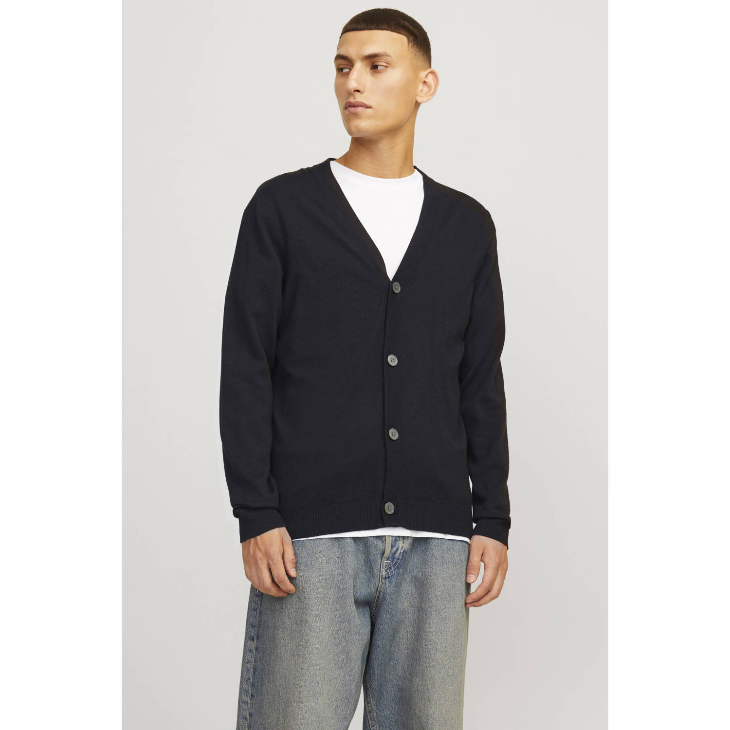 JACK & JONES ESSENTIALS fijngebreid vest JJEEMIL zwart