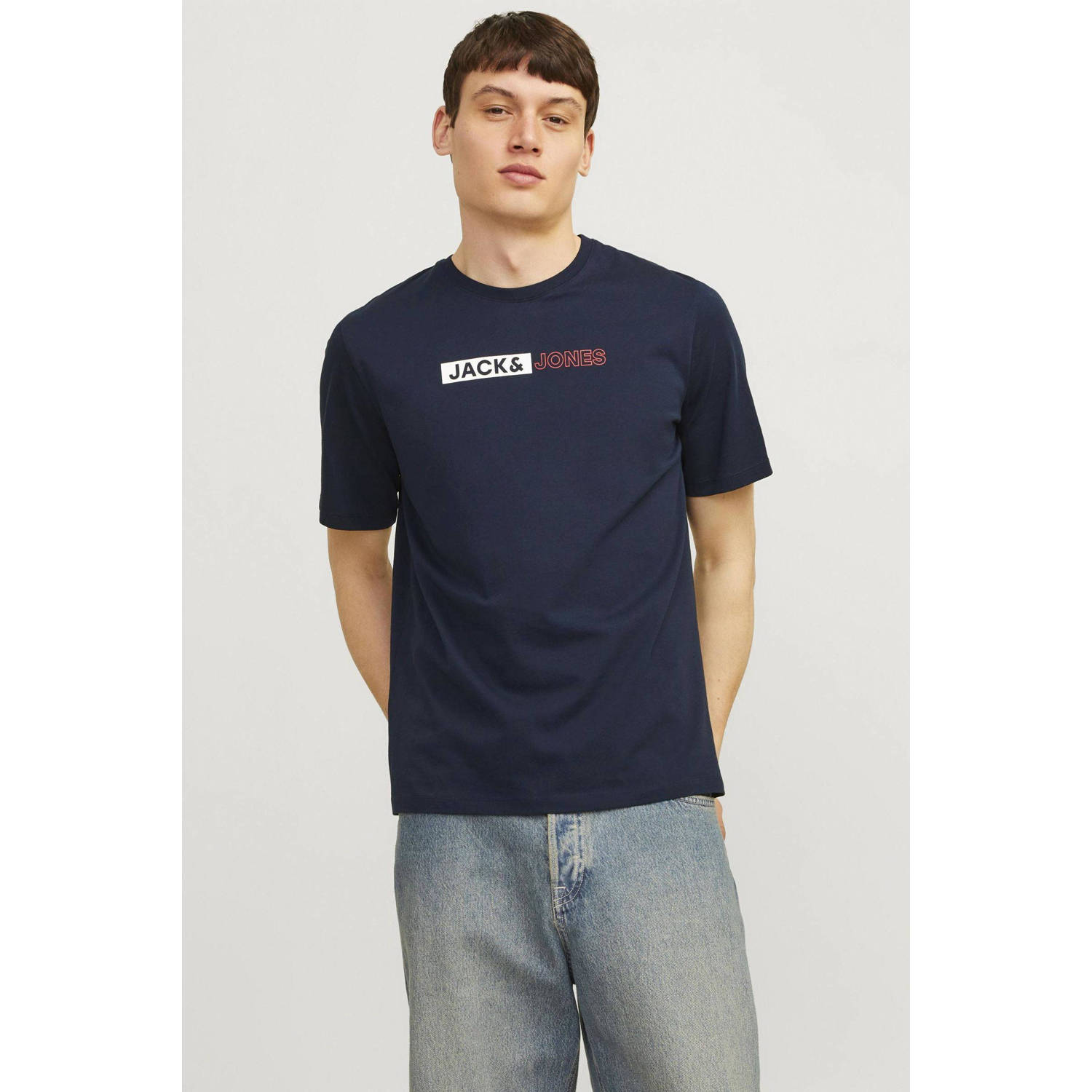 JACK & JONES ESSENTIALS regular fit T-shirt JJECORP met logo donkerblauw