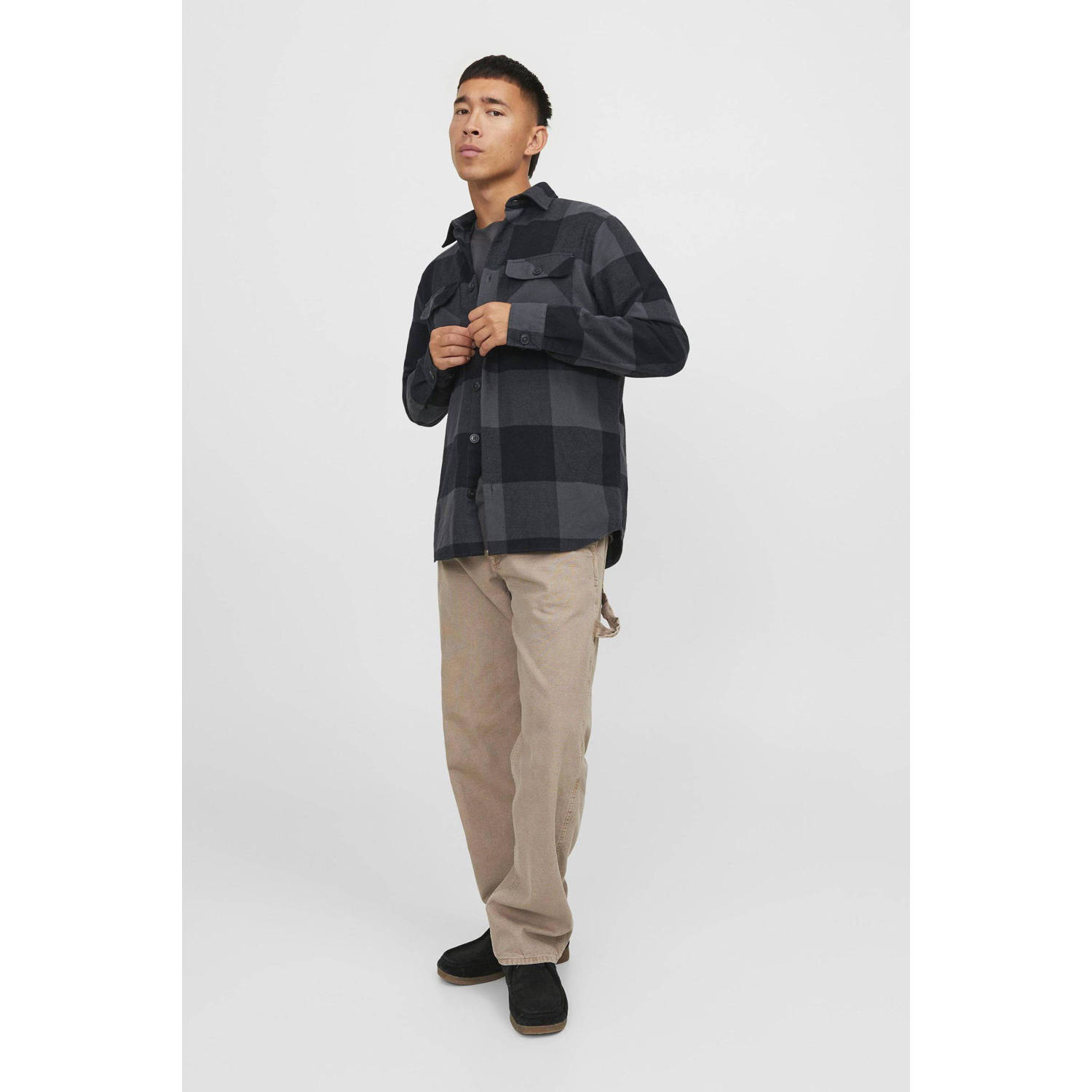 JACK & JONES ESSENTIALS geruit regular fit overshirt JJEDARREN asphalt