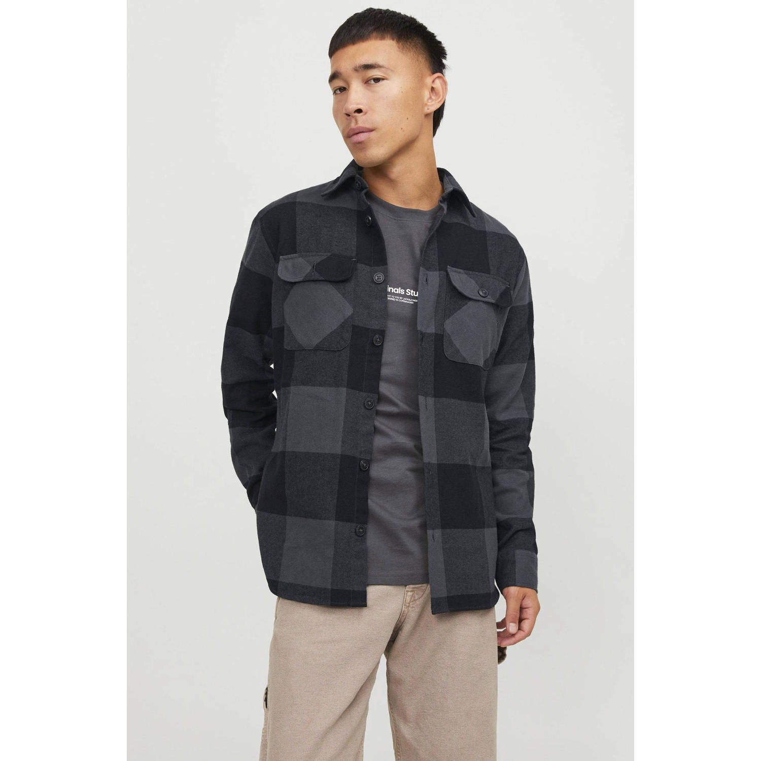 JACK & JONES ESSENTIALS geruit regular fit overshirt JJEDARREN asphalt