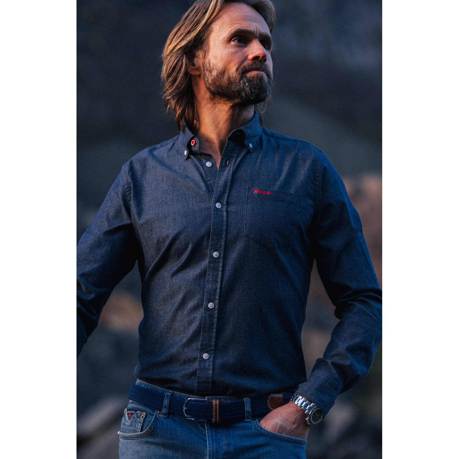 New Zealand Auckland overhemd James met logo donkerblauw