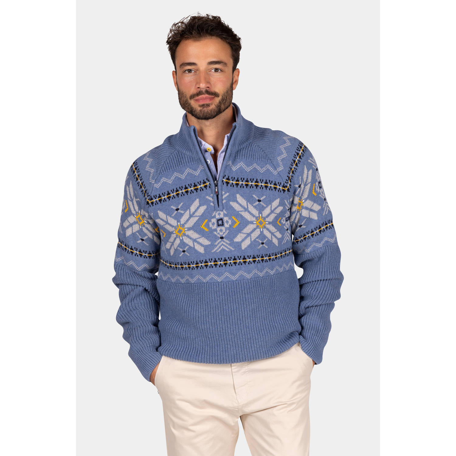 New Zealand Auckland gebreide trui Charles met ingebreid patroon blauw