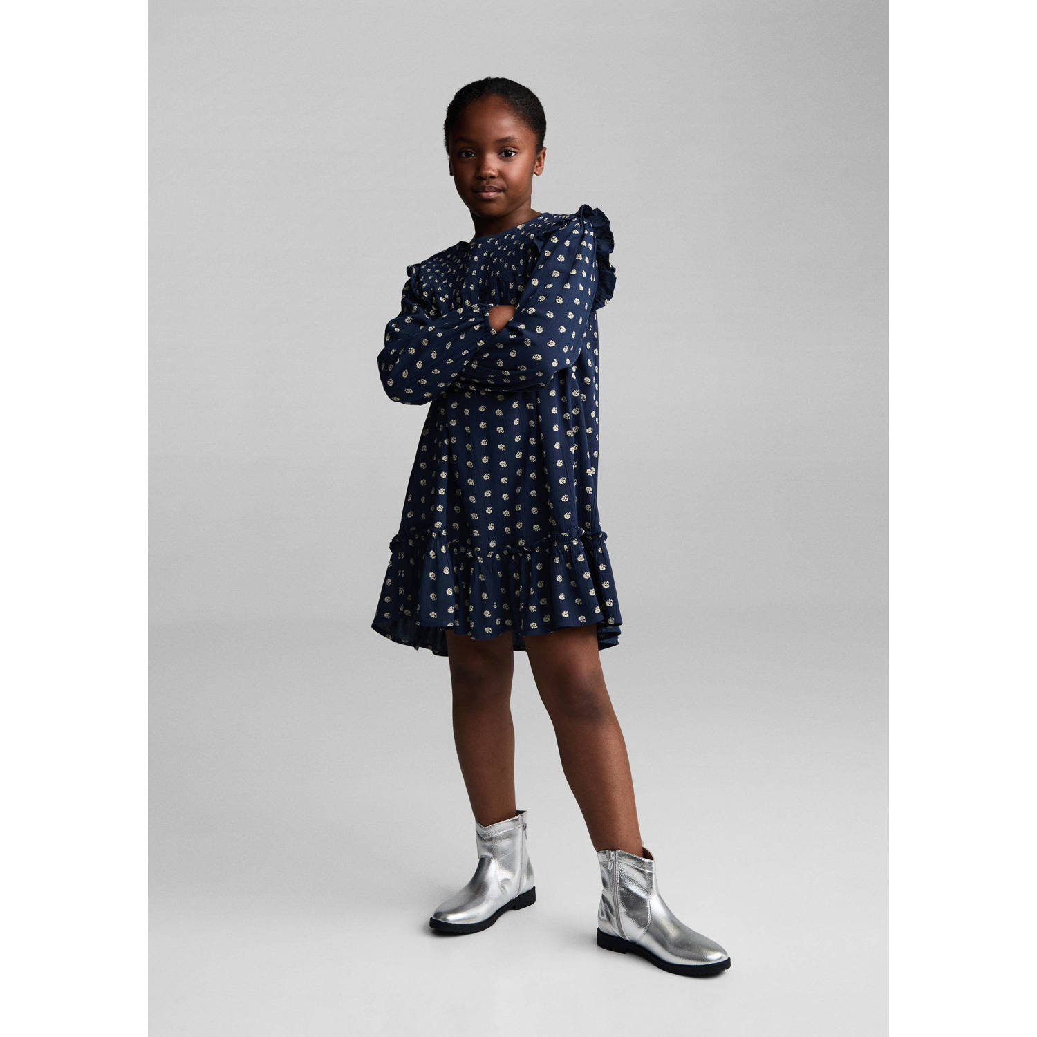 Mango Kids A-lijn jurk met all over print en ruches donkerblauw beige