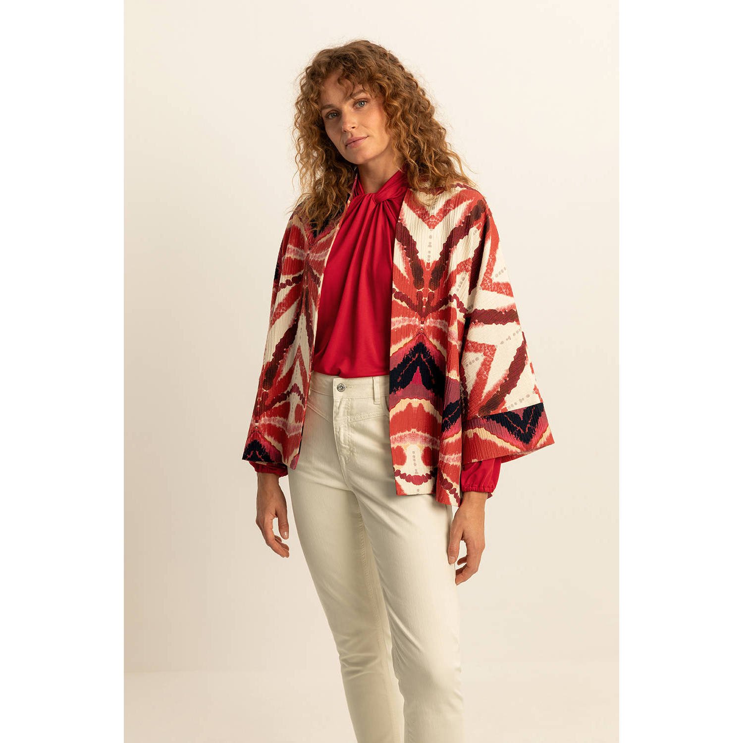 Expresso kimono jasje met all over print rood ecru zwart