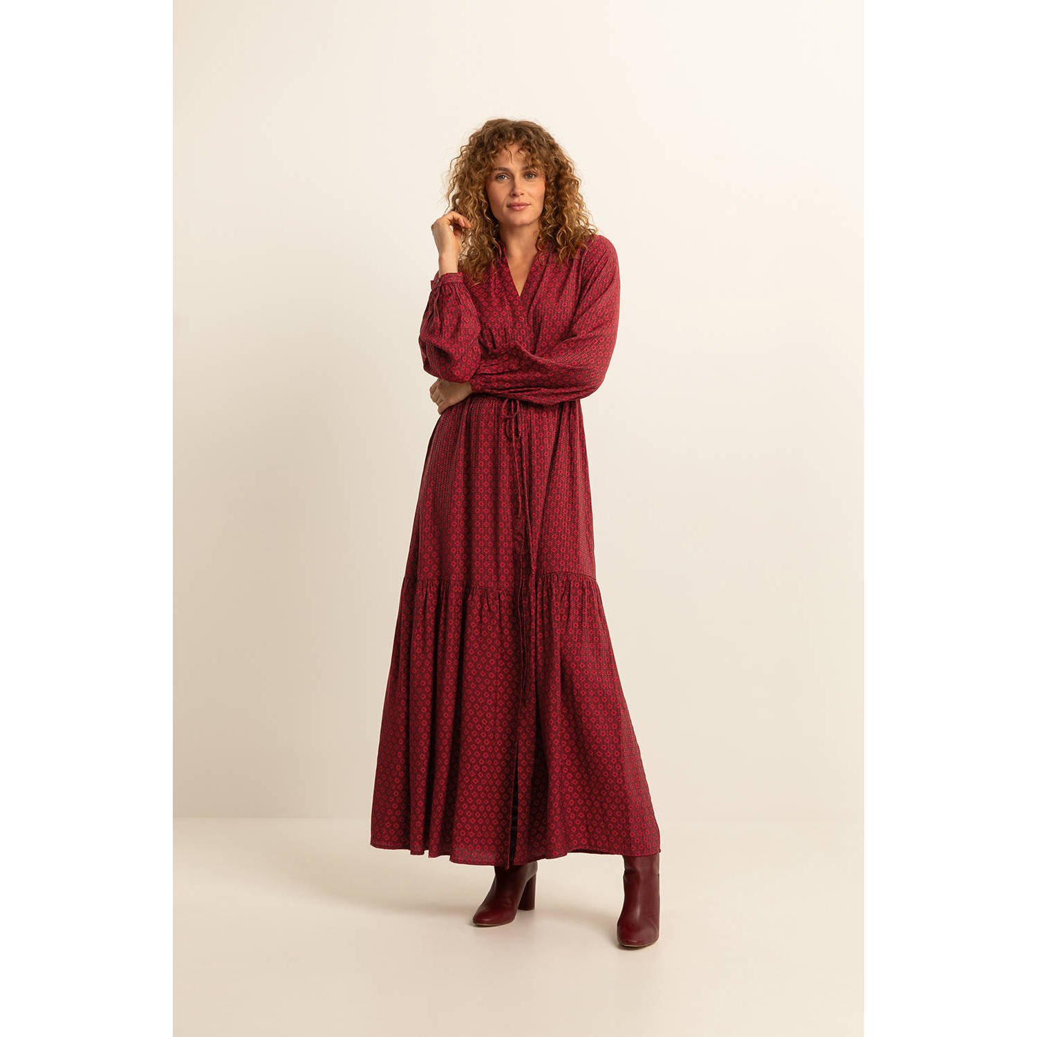 Expresso maxi jurk met all over print en volant rood