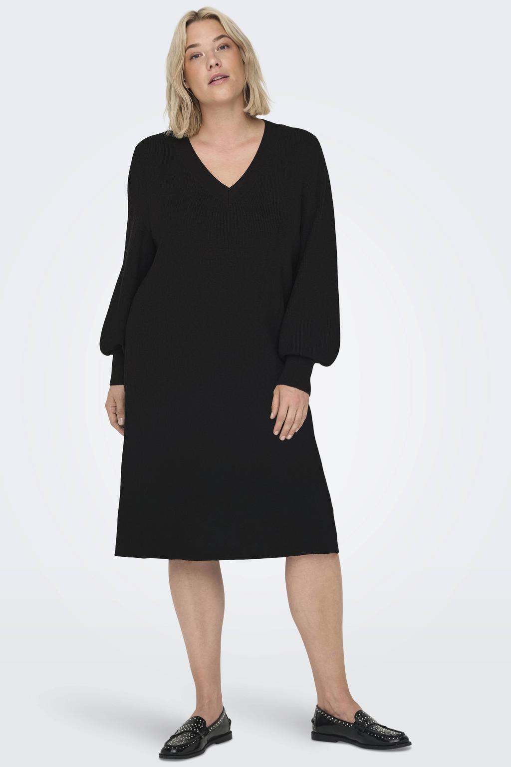 Zwarte dames ONLY CARMAKOMA midi jurk van viscose met effen, lange mouwen en V-hals