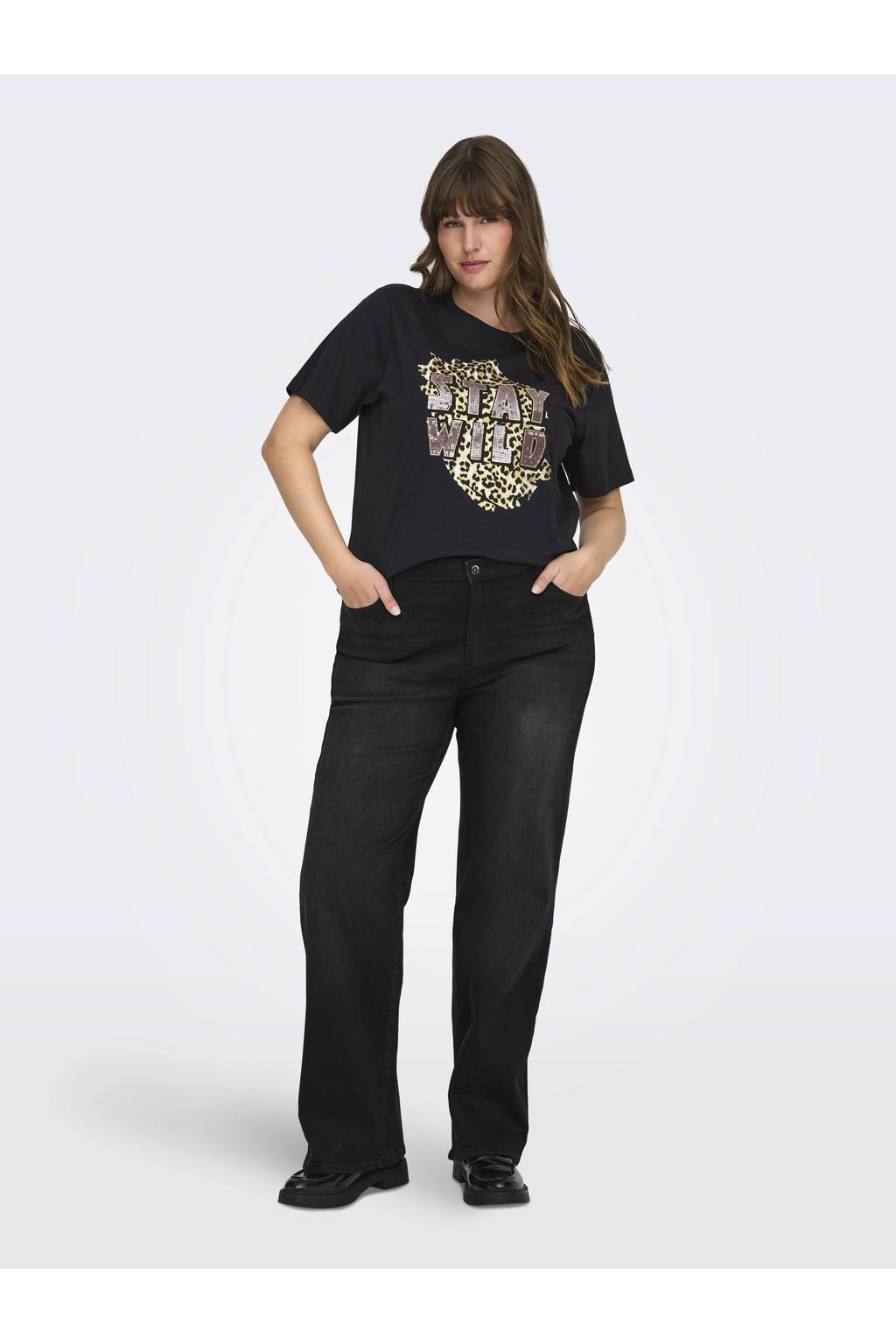 Zwarte dames ONLY CARMAKOMA high waist tapered jeans black van denim met rits- en knoopsluiting en effen