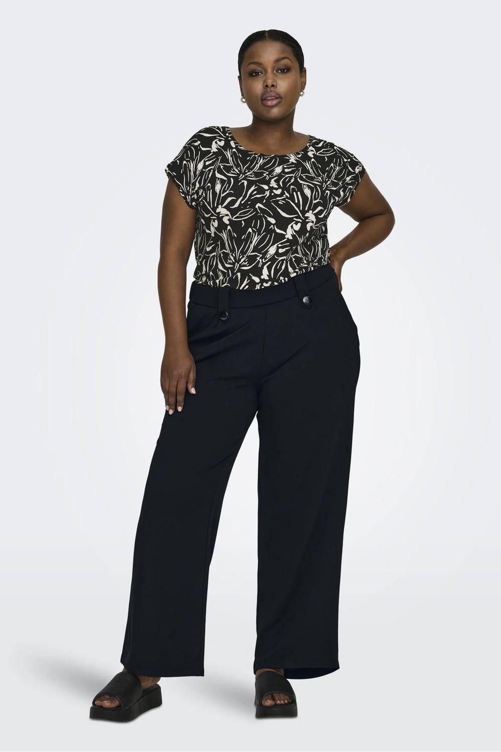 Zwarte dames ONLY CARMAKOMA regular fit pantalon van polyester met elastische tailleband en effen