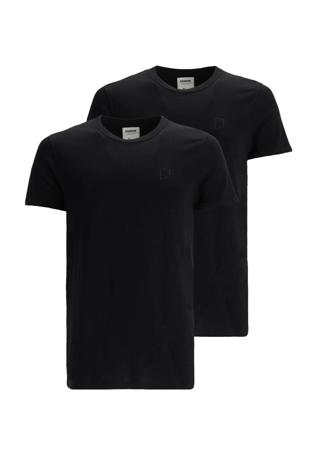 Set van 2 zwarte heren CHASIN' T-shirt Base-B van katoen met effen, korte mouwen en ronde hals