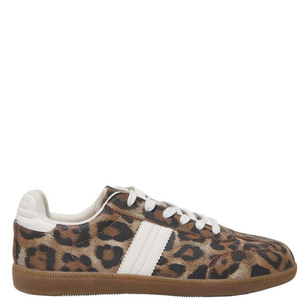 Beige dames ONLY ONLAMBER PU SNEAKER sneakers van 90% polyurethaan/10% polyester met veters en panterprint