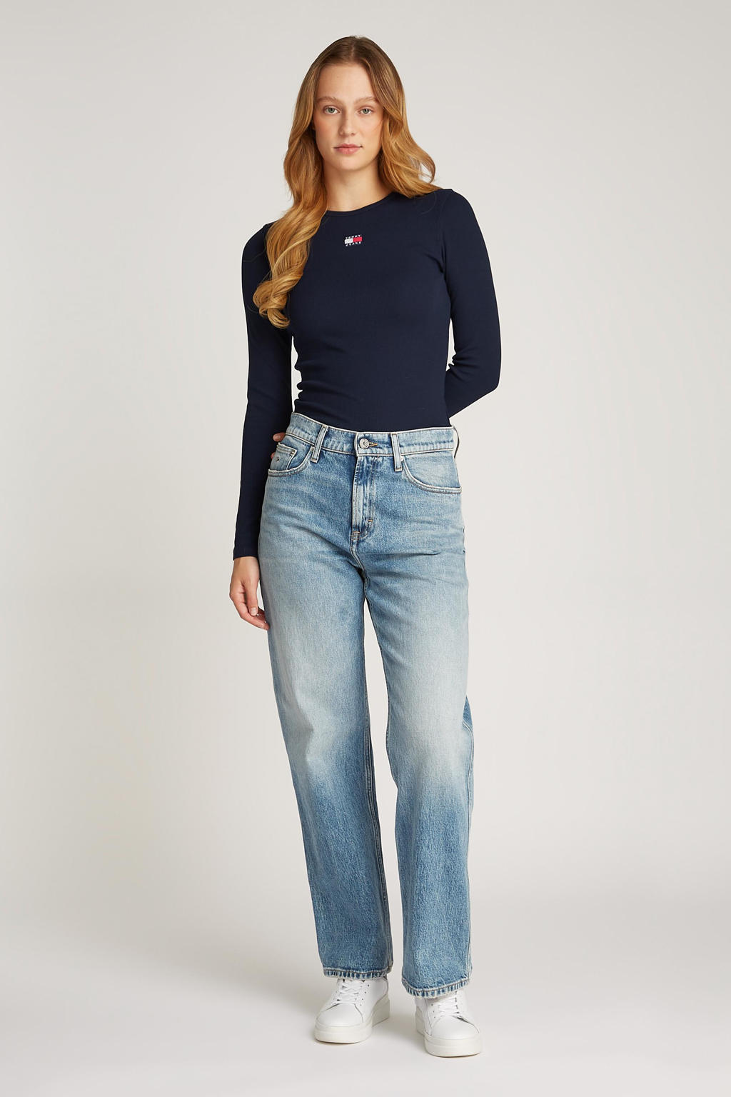 Donkerblauwe dames Tommy Jeans pullover van jersey met logo dessin, lange mouwen en ronde hals
