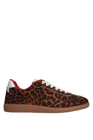 leren sneakers met panterprint cognac/zwart