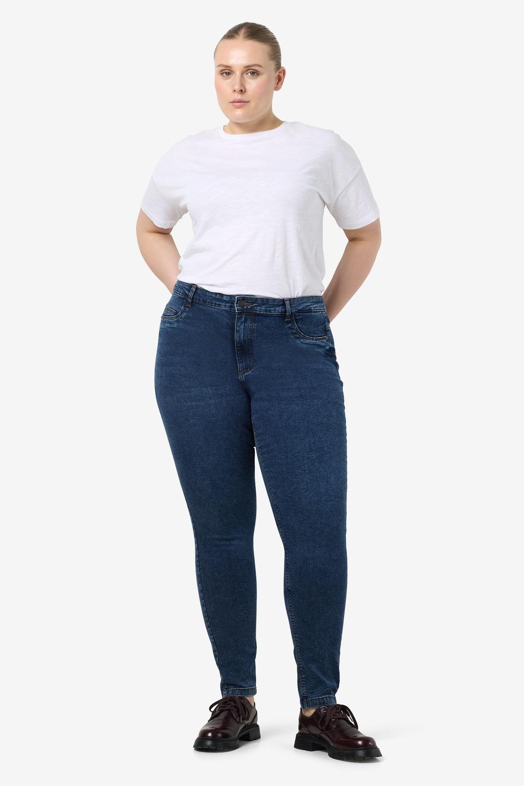 Donkerblauwe dames NOISY MAY Curve high waist skinny jeans dark blue van denim met rits- en knoopsluiting en effen