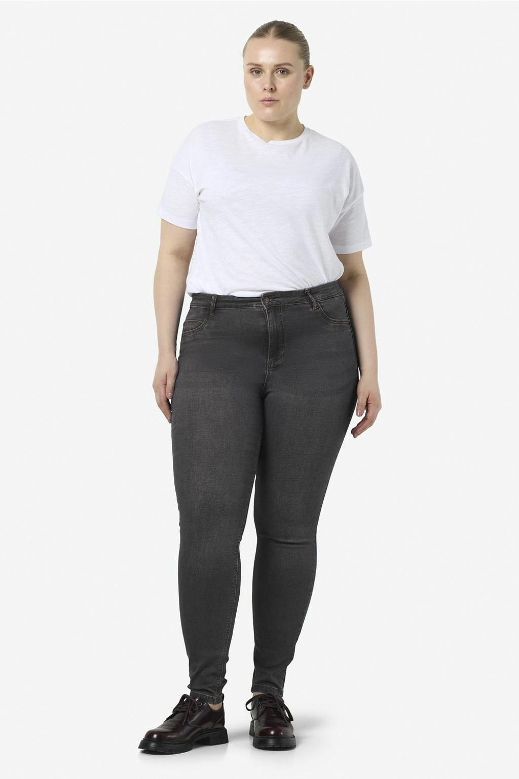 Grijze dames NOISY MAY Curve high waisted skinny jeans van denim met rits- en knoopsluiting en effen