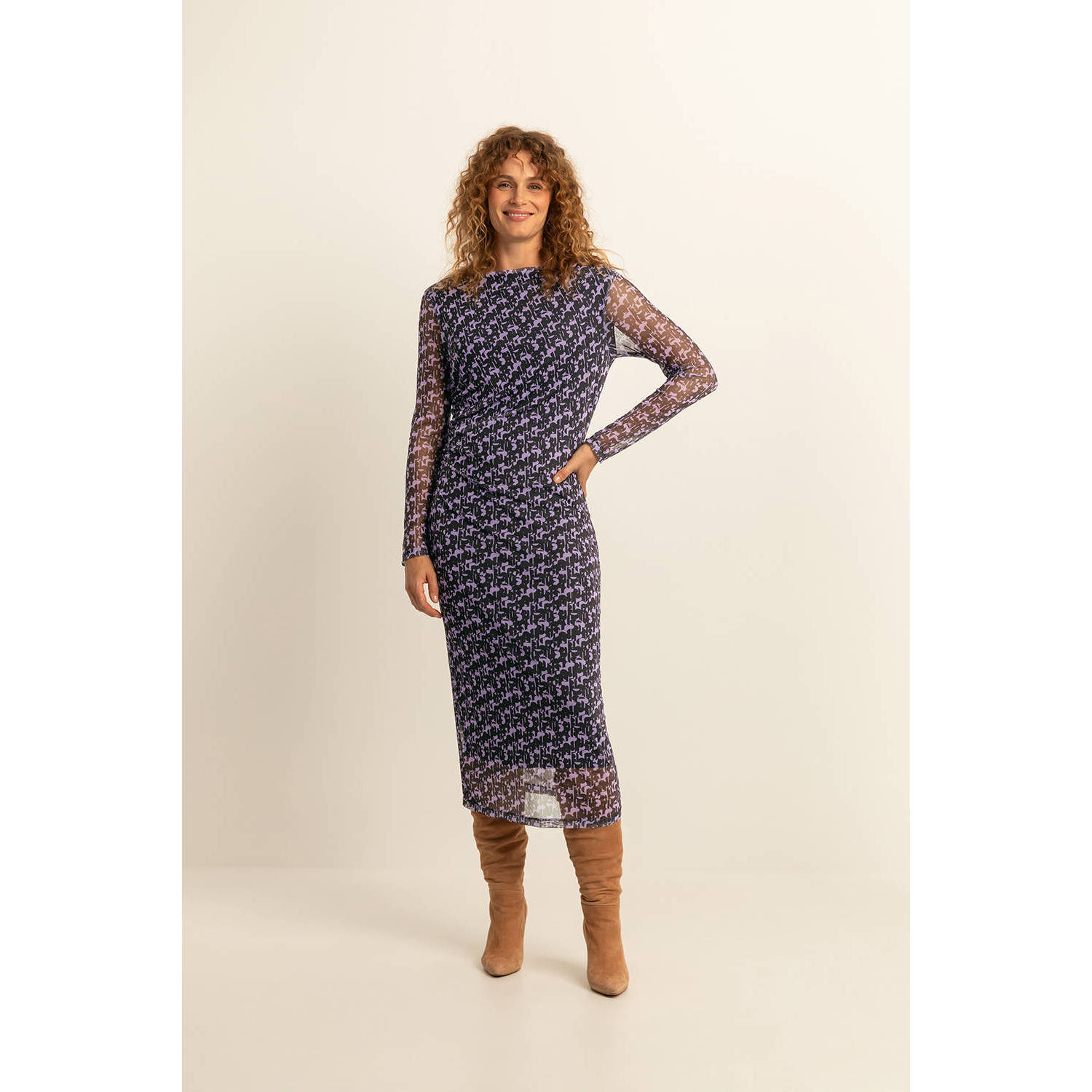 Expresso jurk met grafische print en mesh zwart paars