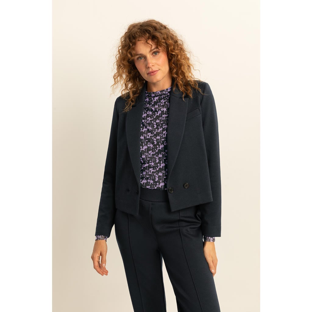 Donkerblauwe dames Expresso cropped blazer van polyester met effen, lange mouwen, reverskraag en knoopsluiting
