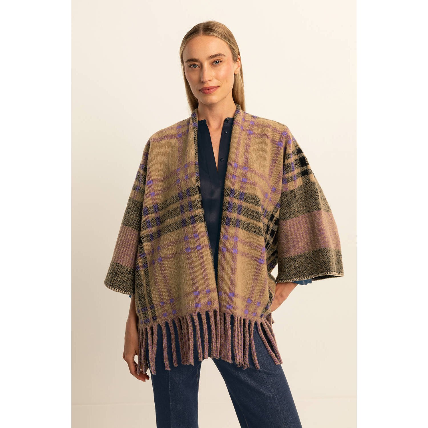 Expresso poncho met franjes bruin