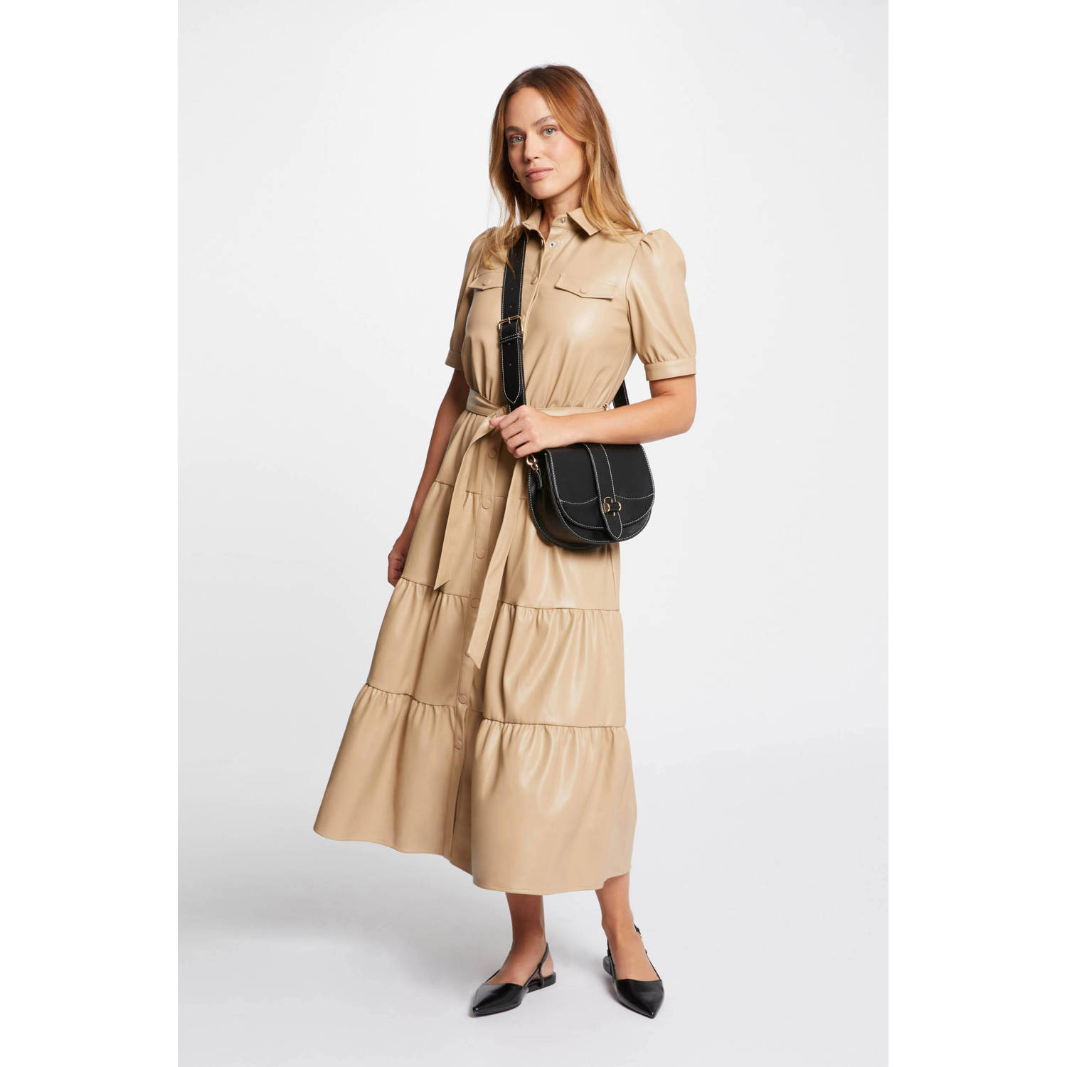 Morgan imitatieleren blousejurk camel