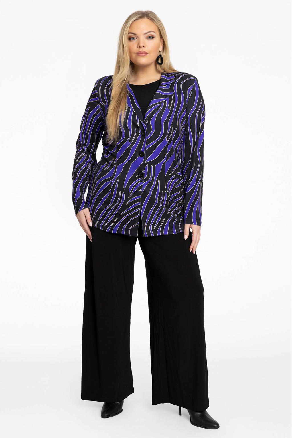 YOEK rechtvallende blazer met all over print zwart/blauw