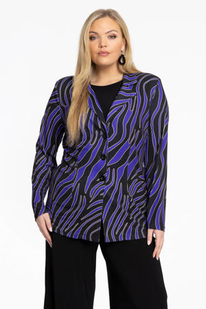 rechtvallende blazer met all over print zwart/blauw