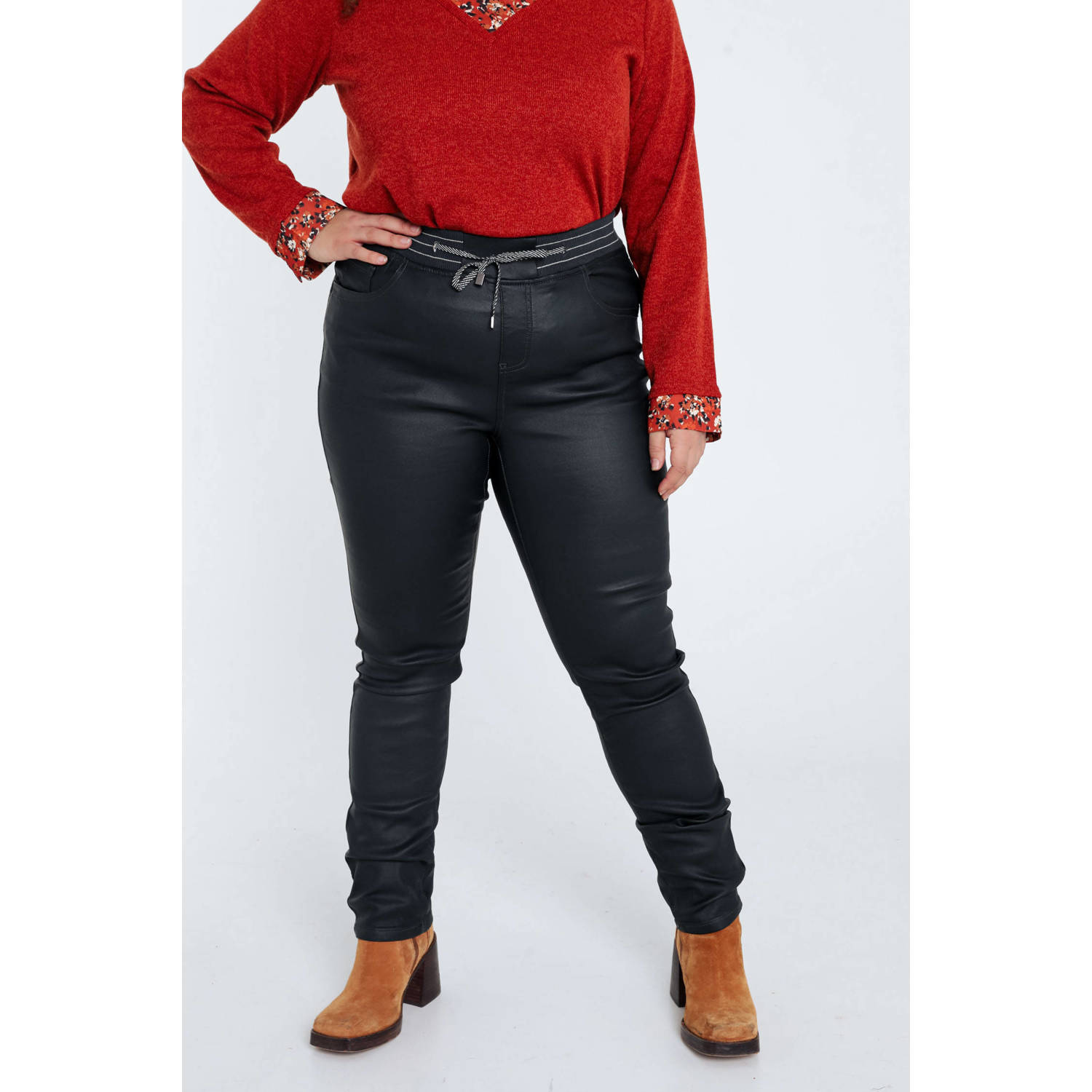 Paprika imitatieleren skinny broek vert