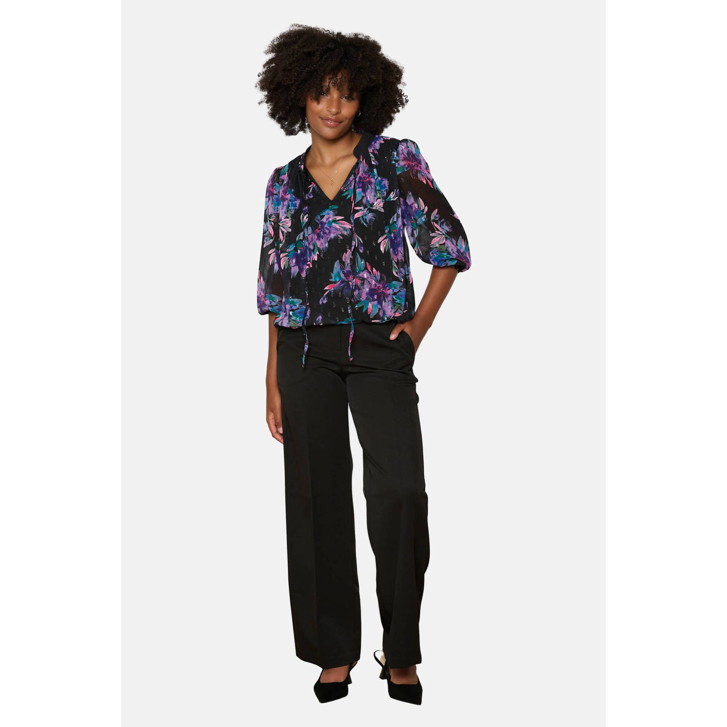 LOLALIZA gebloemde blouse zwart paars blauw
