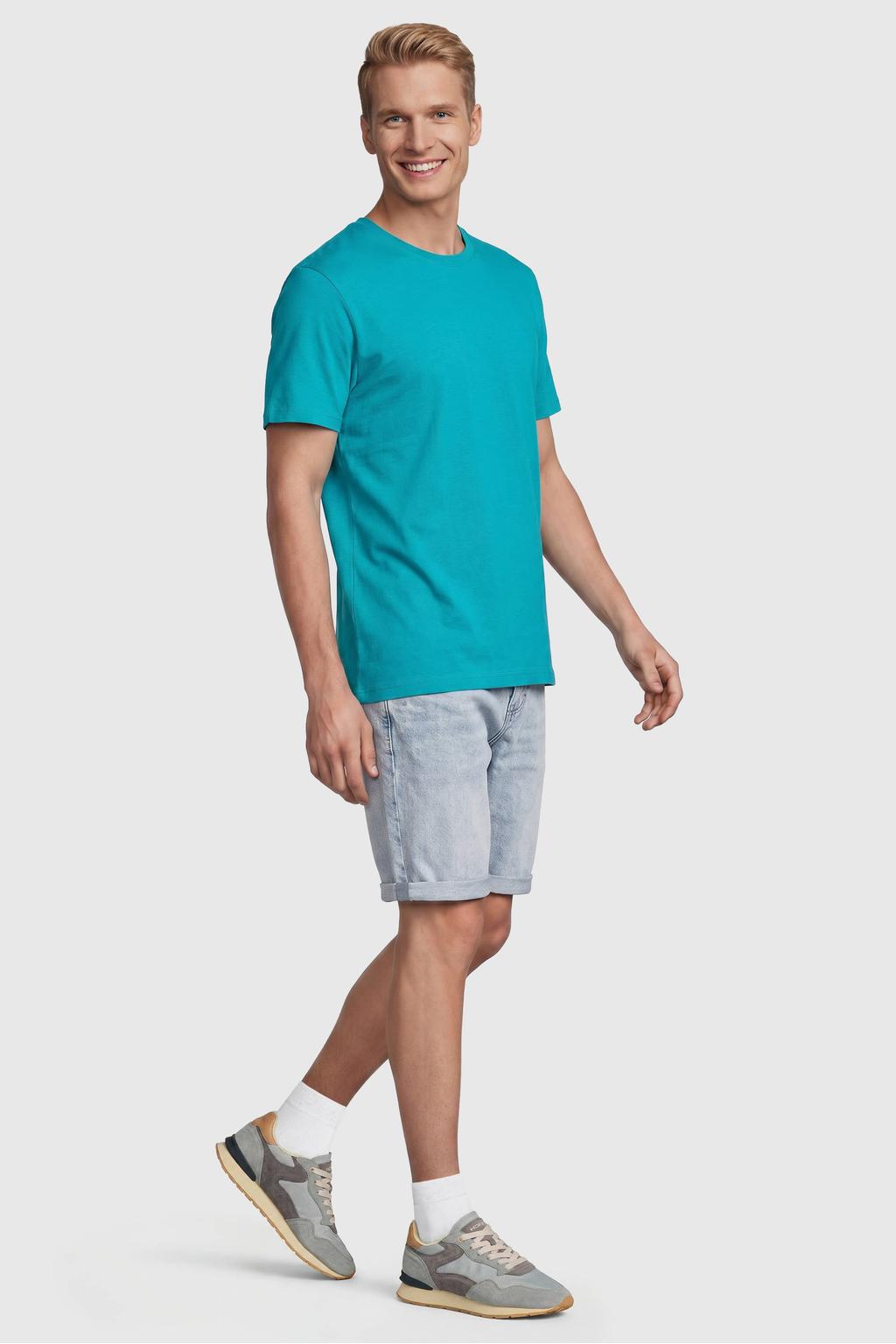 Cyaan heren Anytime T-shirt van katoen met effen, korte mouwen en ronde hals
