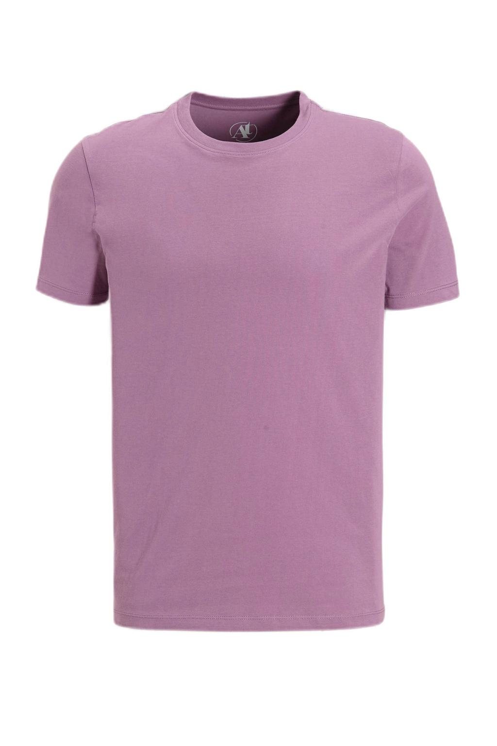 Paarse heren Anytime T-shirt van katoen met effen, korte mouwen en ronde hals