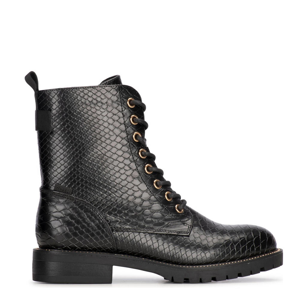 Zwarte dames POSH by Poelman Kiek veterboots van imitatieleer met rits- en vetersluiting en slangenprint