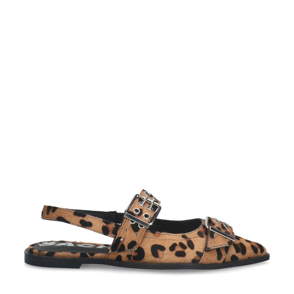 Beige en zwarte dames Sacha leren slingback loafers en strass met gesp en panterprint