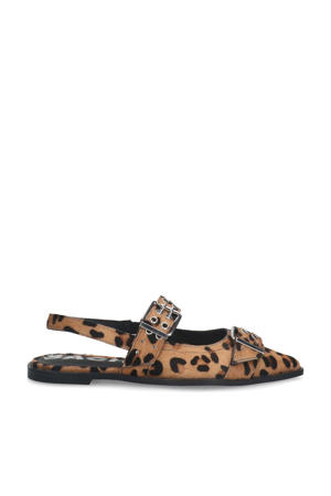 leren slingback loafers met panterprint en strass beige/zwart