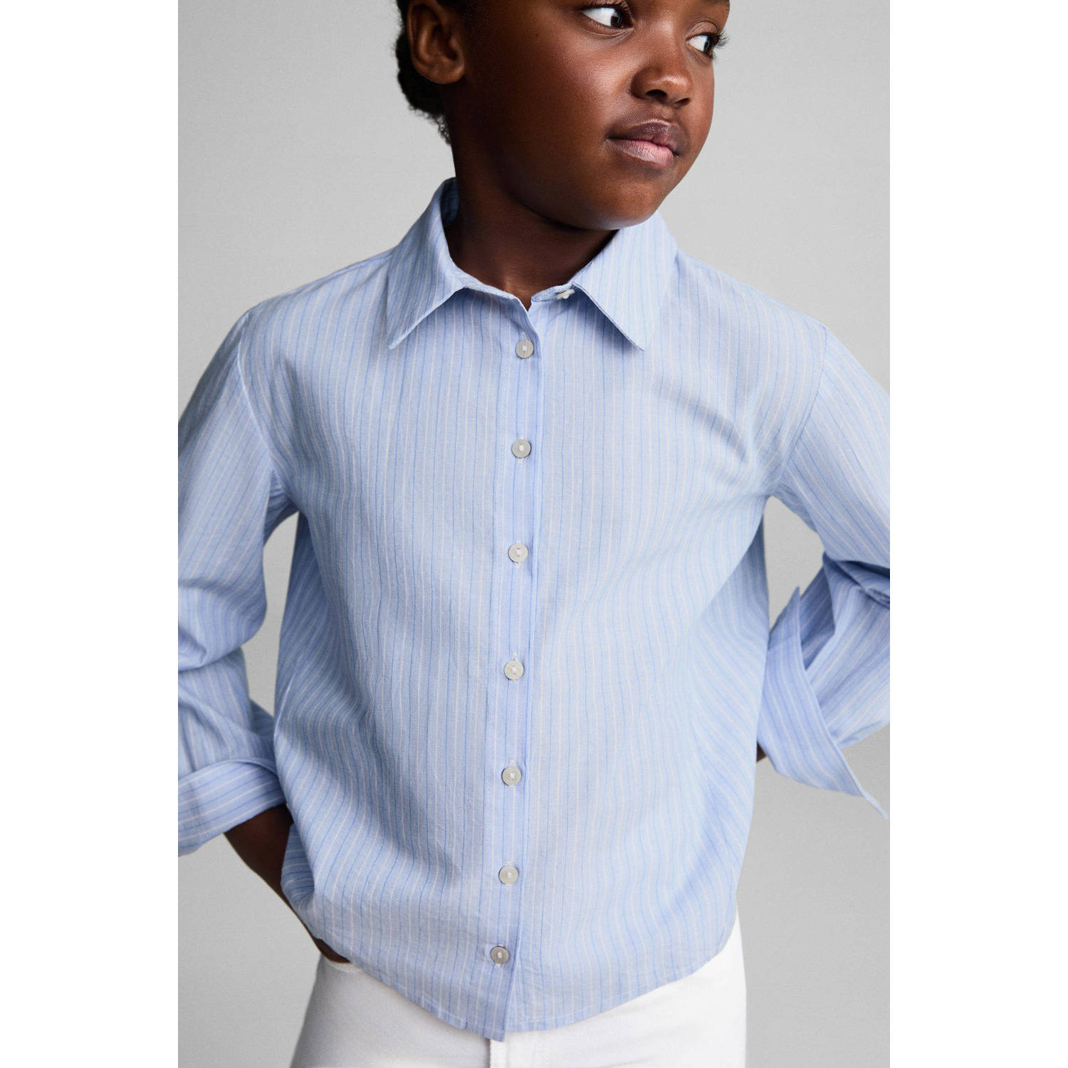 Mango Kids gestreepte blouse blauw Meisjes Katoen Klassieke kraag Streep 116