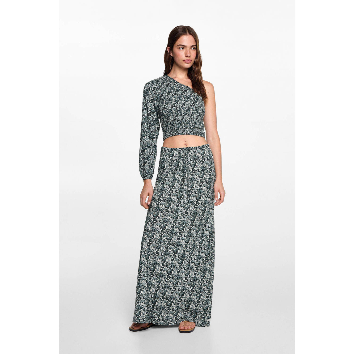 MANGO TEEN gebloemde one shoulder top blauw zwart