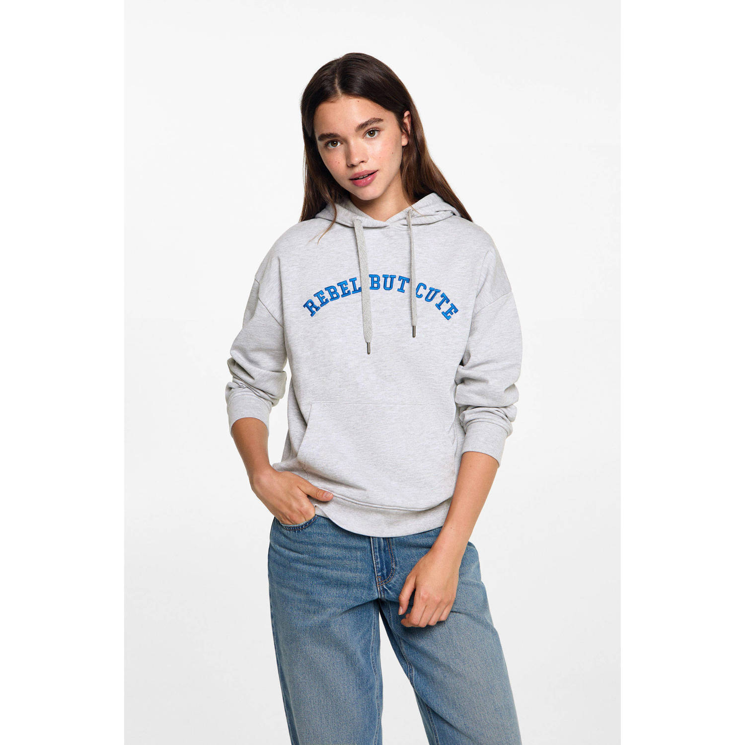 MANGO TEEN hoodie met tekst lichtgrijs melange