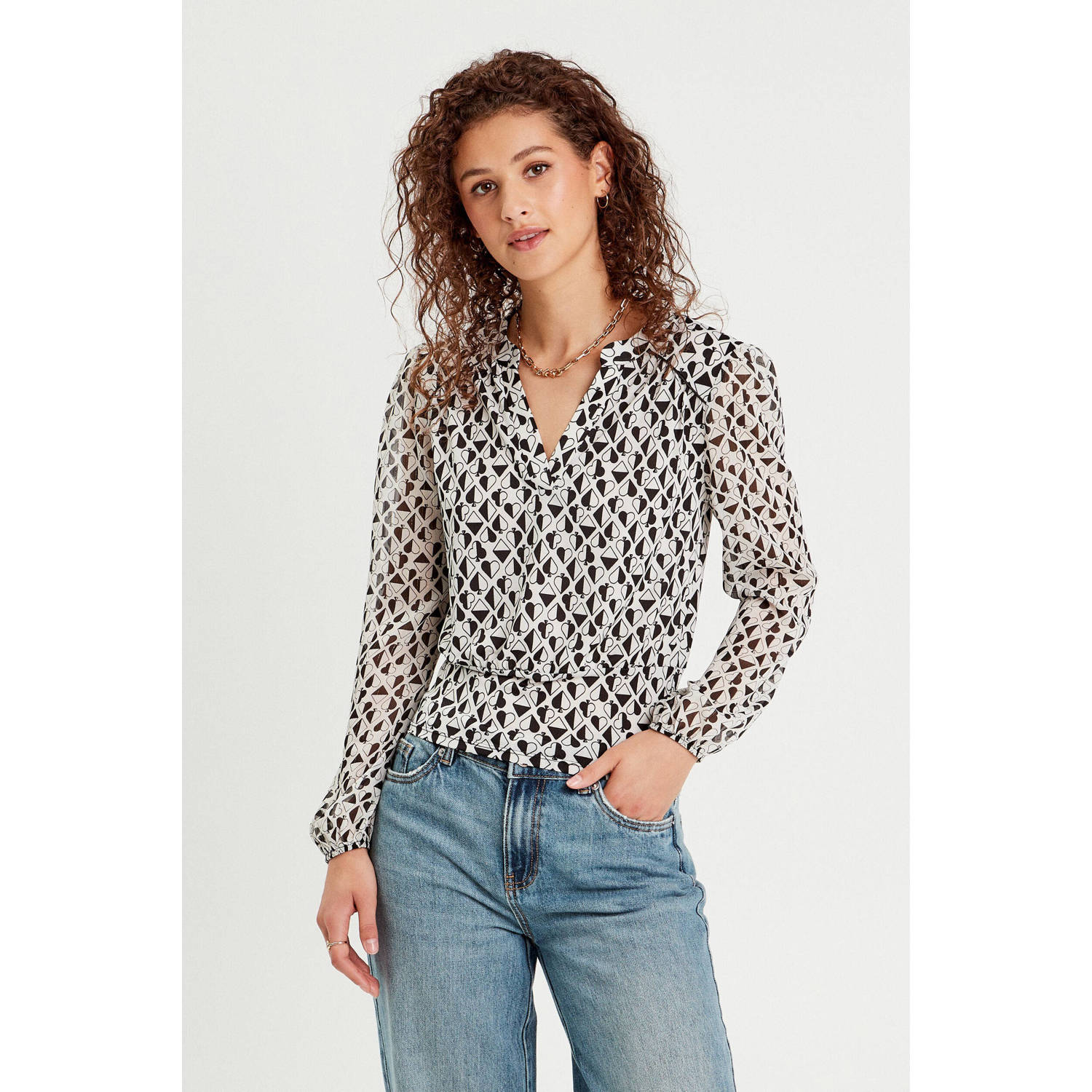 Cache top met all over print wit blauw