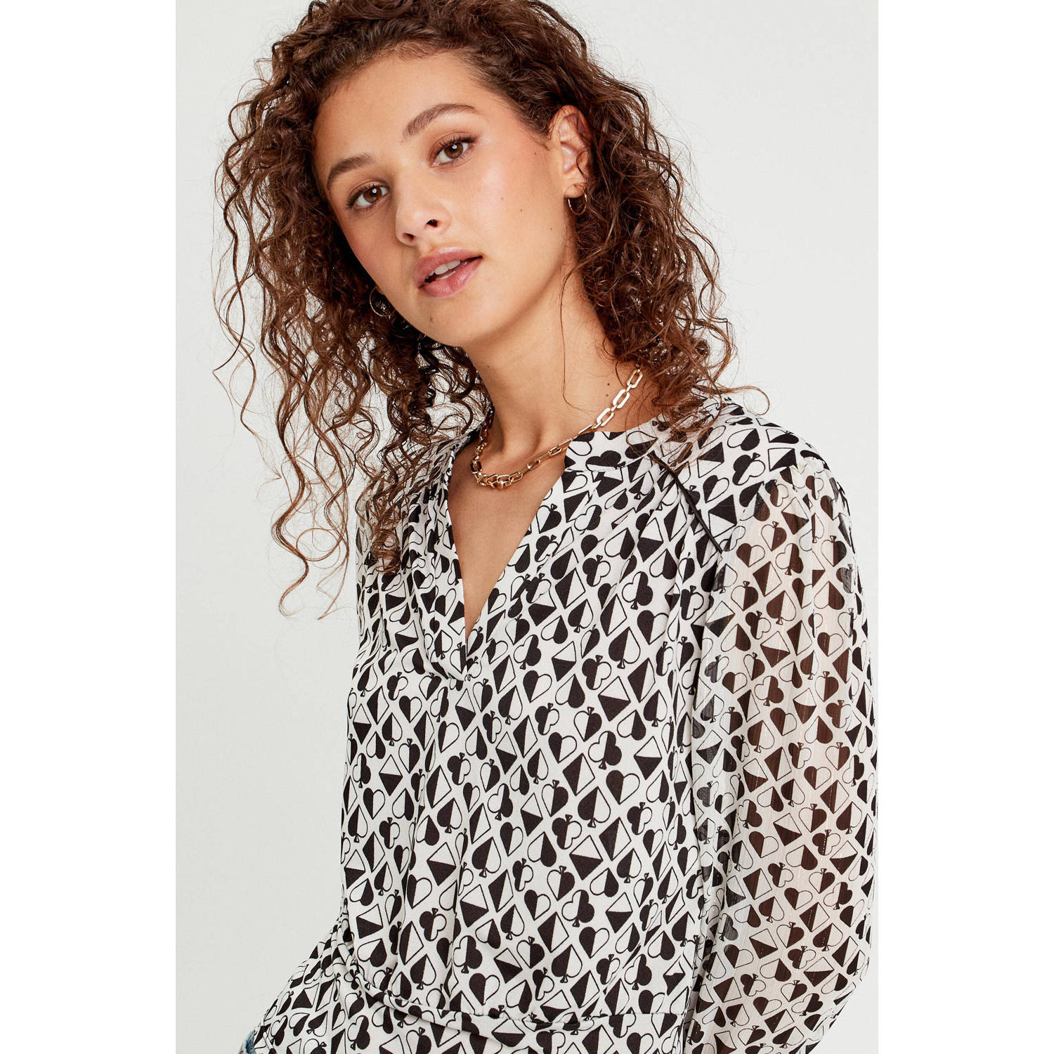 Cache top met all over print wit blauw