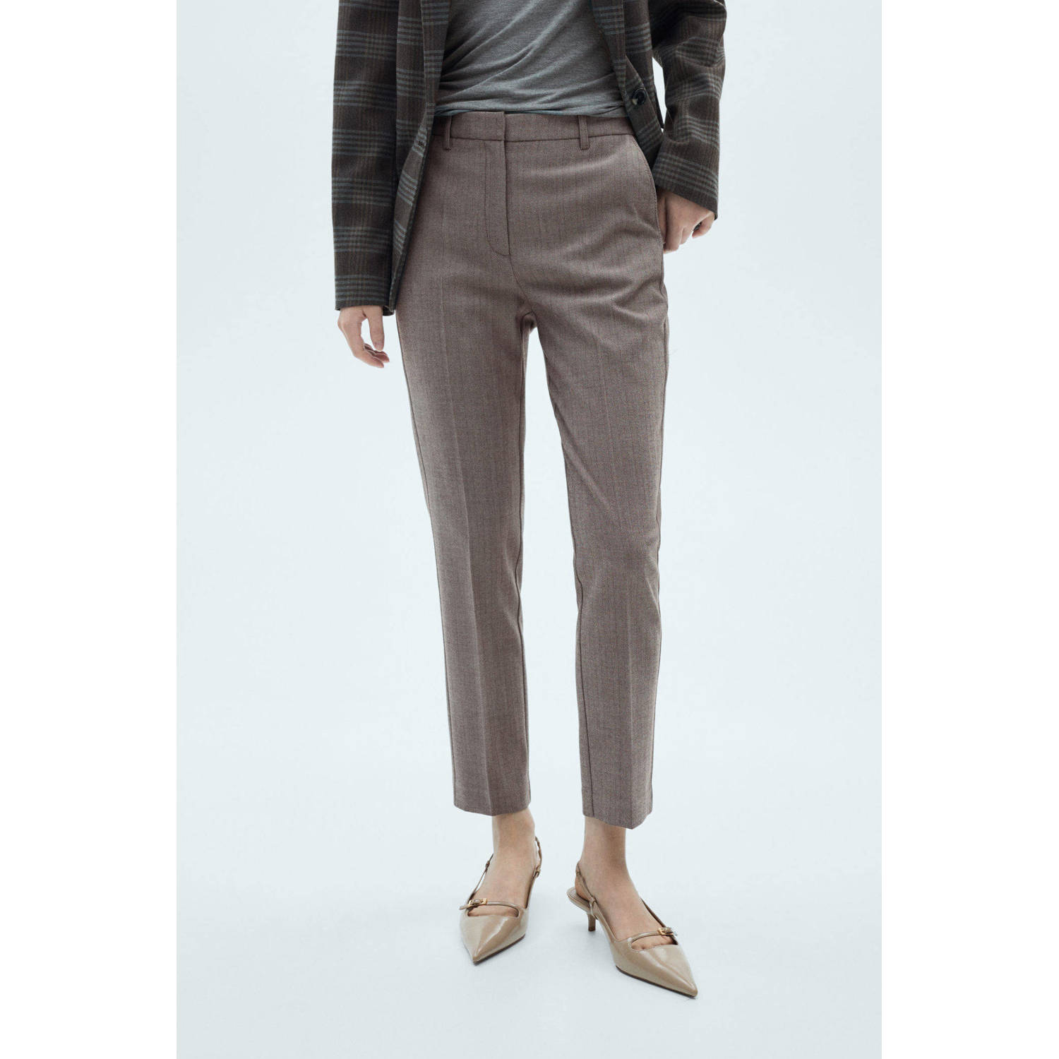 Mango gestreepte tapered fit broek beige bruin