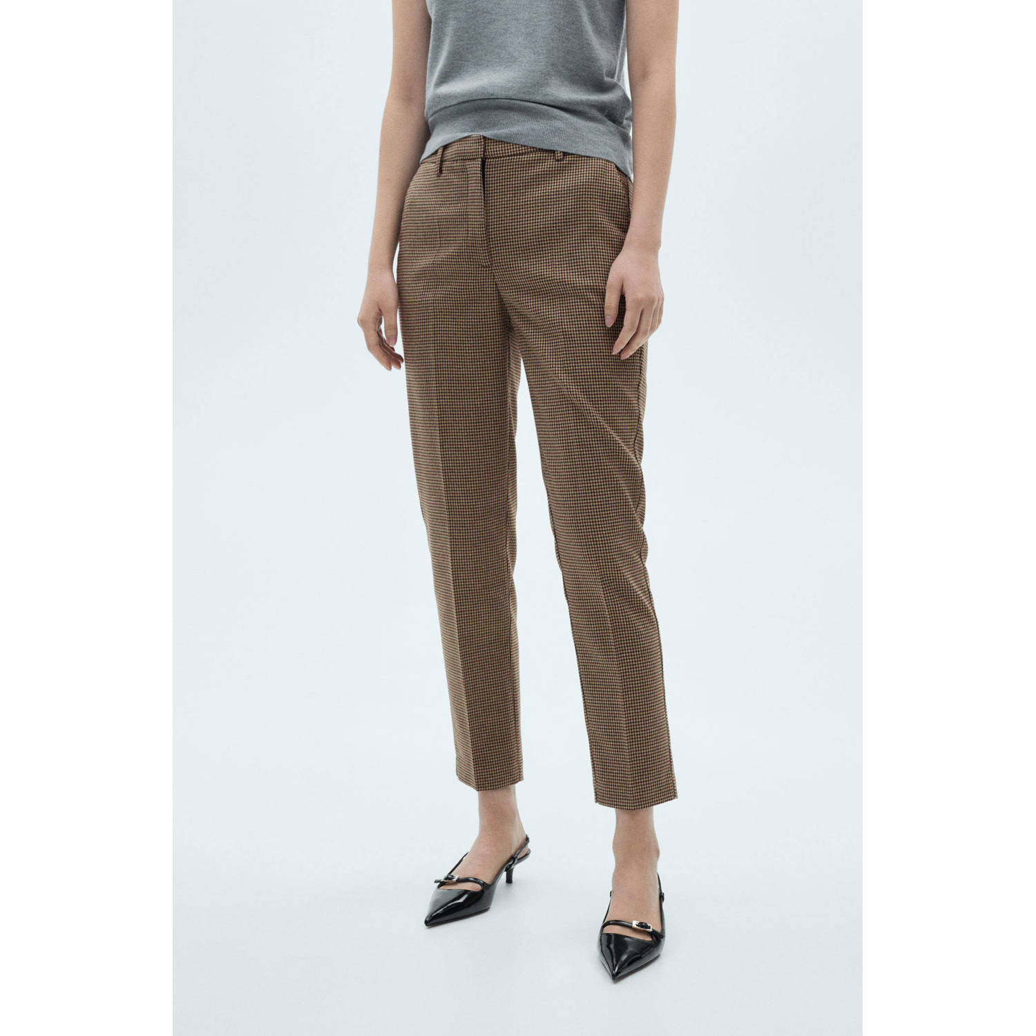Mango tapered fit broek met pied-de-poule bruin multi