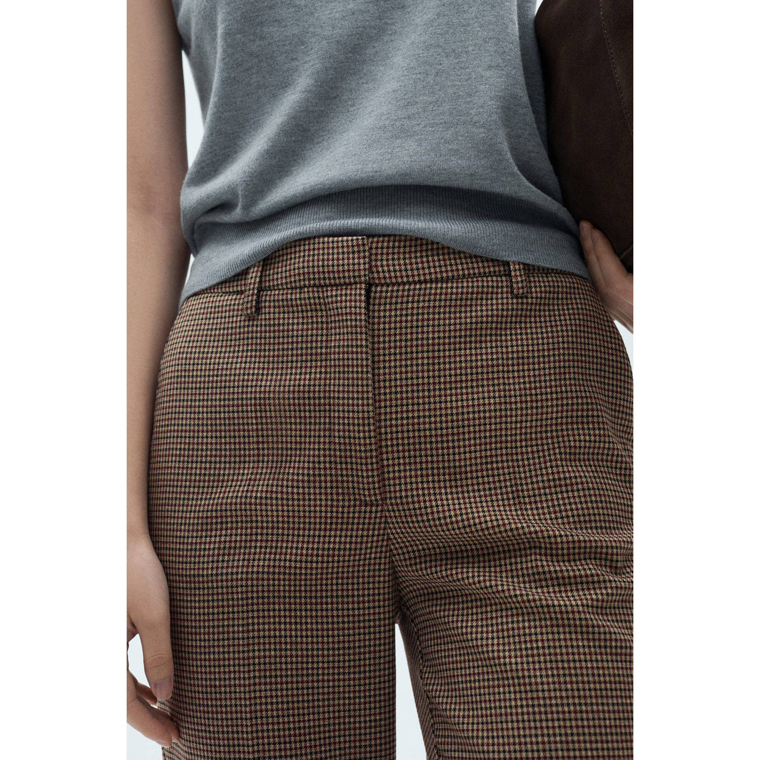 Mango tapered fit broek met pied-de-poule bruin multi