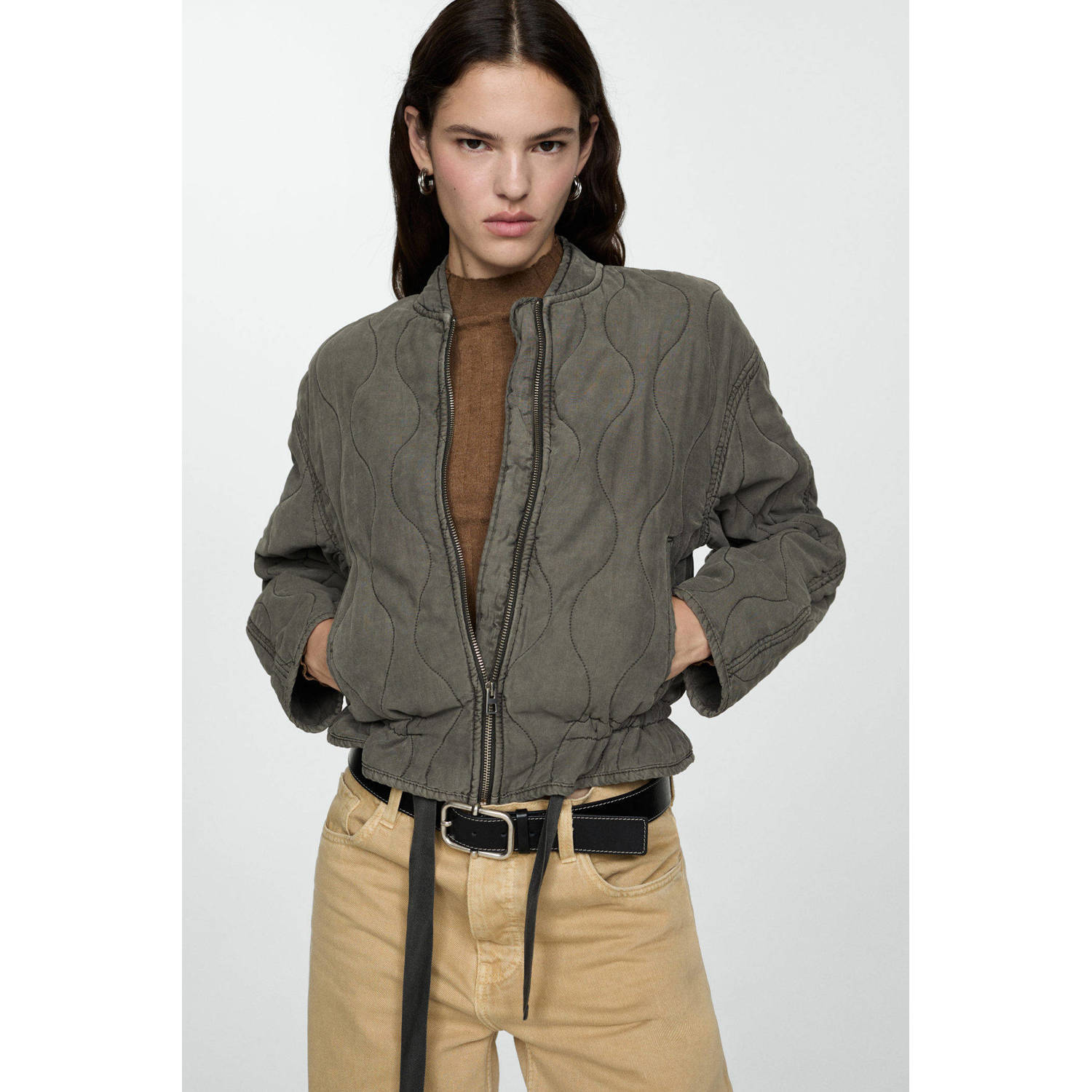 Mango quilted gewatteerde tussenjas grijsgroen