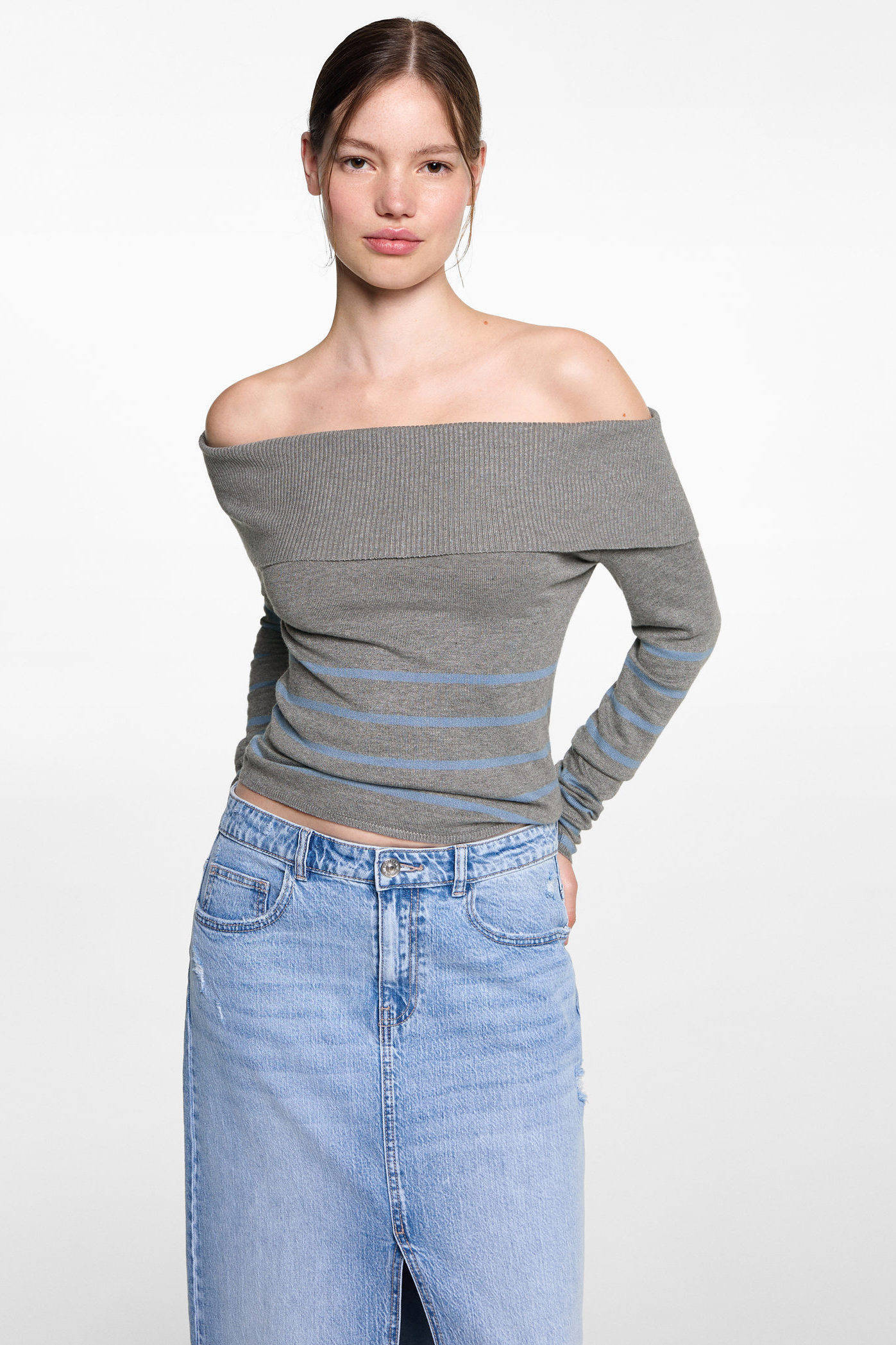 MANGO TEEN gebreide offshoulder trui grijs lichtblauw wehkamp