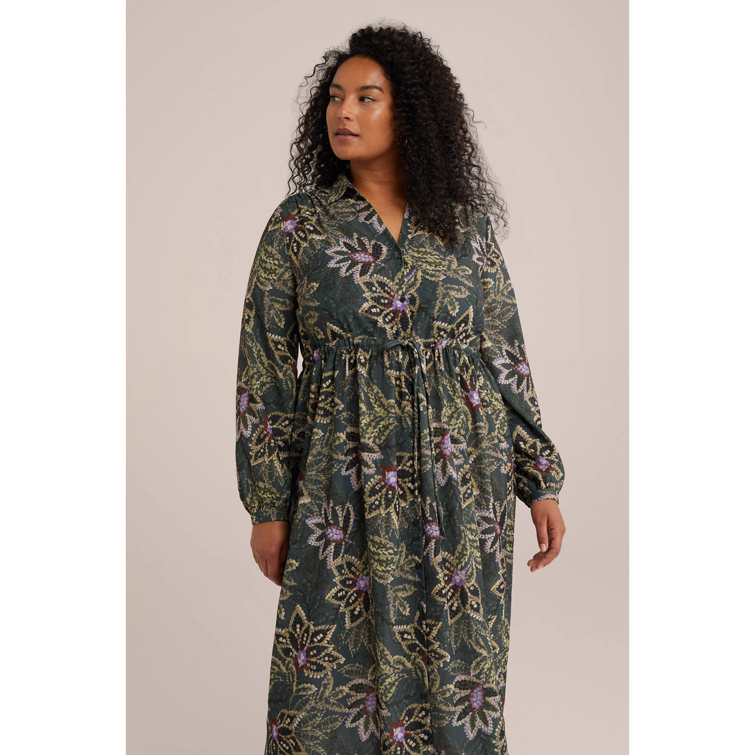 WE Fashion Curve blousejurk met all over print en ceintuur donkergroen beige
