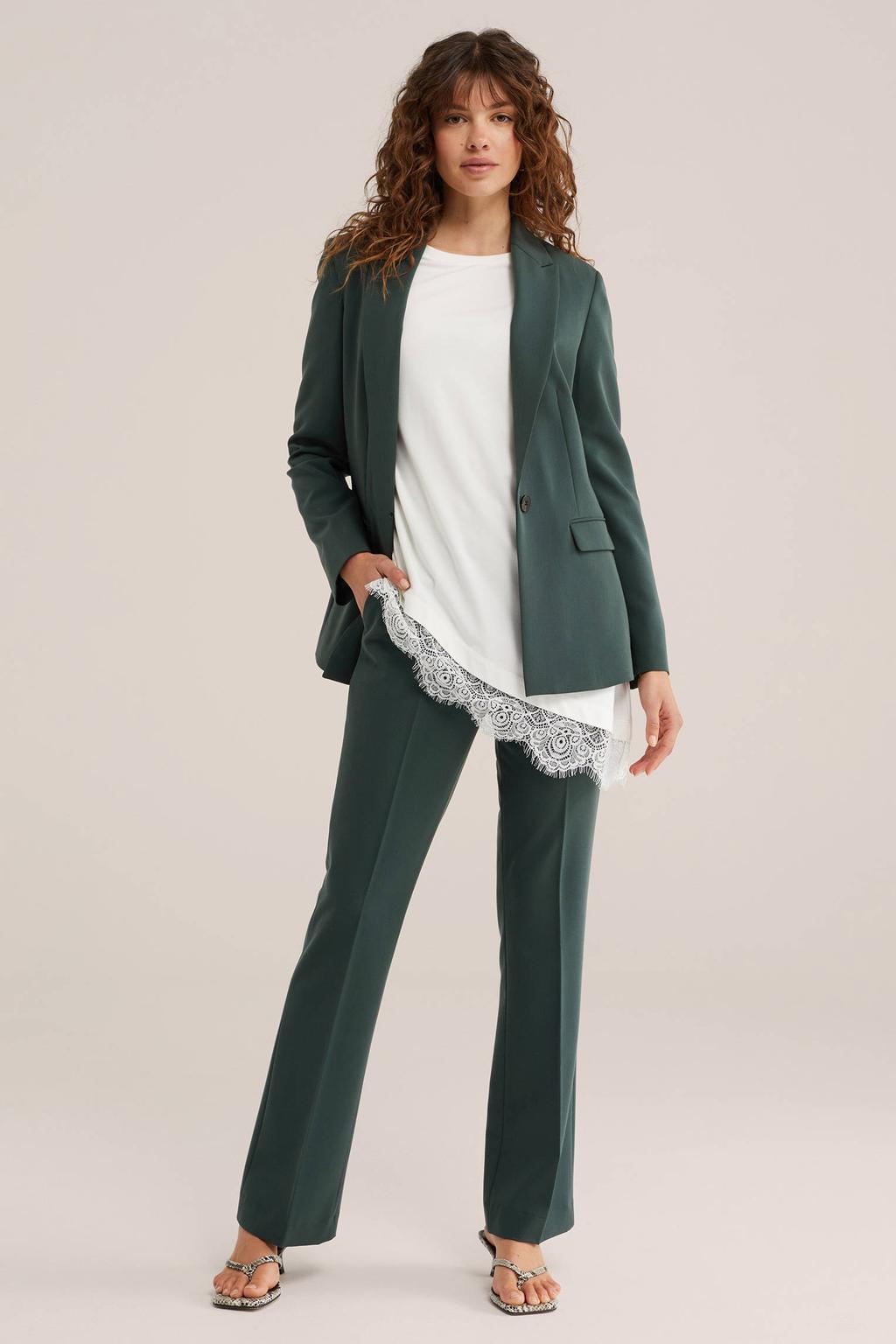 Donkergroene dames WE Fashion flared pantalon van polyester met regular waist, rits- en haaksluiting en effen