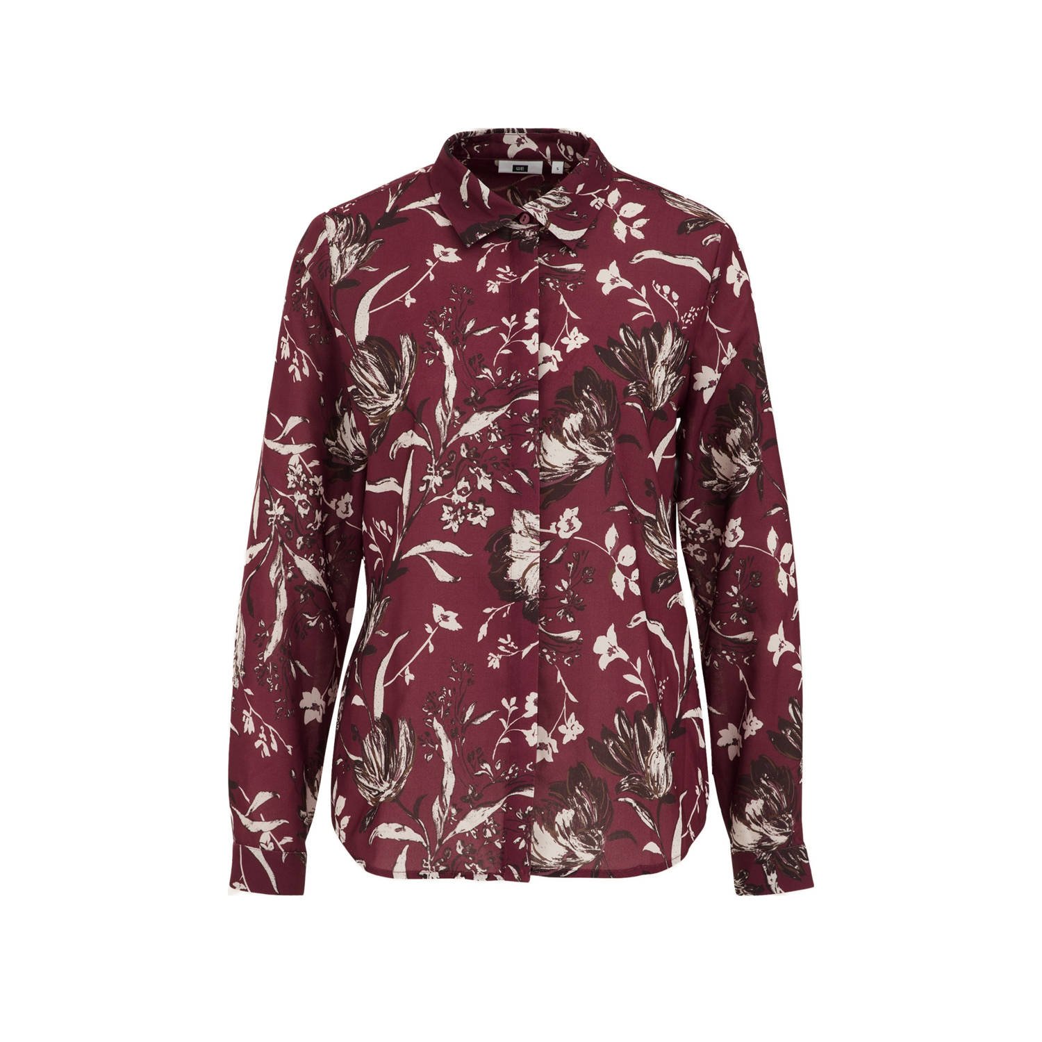 WE Fashion blouse met bloemenprint donkerrood wit bruin