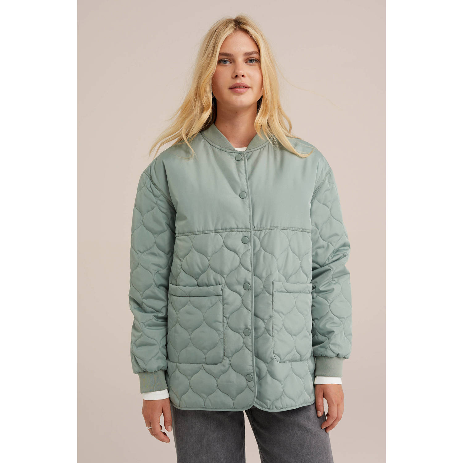WE Fashion quilted gewatteerde tussenjas grijsgroen