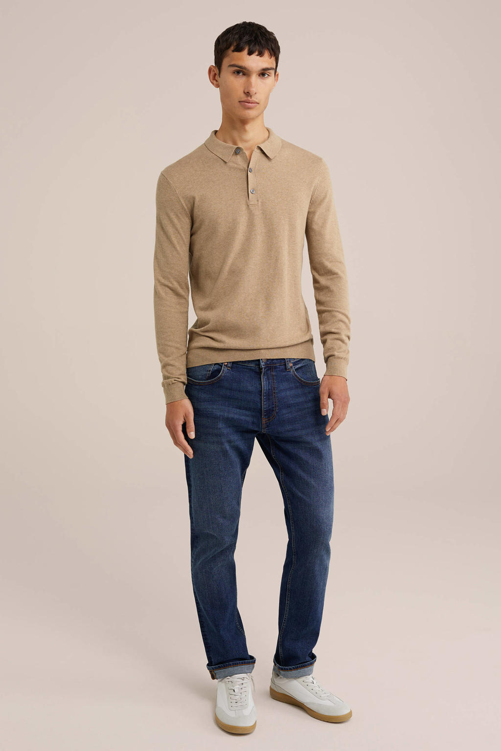 Beige heren WE Fashion regular polo gebreid van katoen met effen, lange mouwen en knoopsluiting